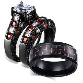 His Hers Wedding Ring Sets Couples Matching Rings Women's 3pc Black Gold Filled Blue CZ Wedding Engagement Ring Bridal Sets & Men's Titanium Wedding Band, Crystal stone Metal, Cubic Zirconia