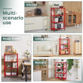 DEANIC 4 Tier Foldable Storage Shelves with Wheels, Large Capacity Shelving Unit, Freestanding Metal Wire Shelf Rack, No Assembly Organizer Rack for Garage Kitchen, Basement(Red)