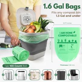 AIRNEX AIRNEX Compostable Trash Bags Small 1.6 Gal - 100 Count Green Compost Bags for Countertop Bin made of Cornstarch - Food Waste Compostable Bags Leakproof & Tear Resistant