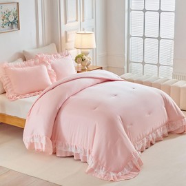 Joyreap King Size Comforter Set Blush Pink, 3pcs Lace Ruffled Bedding Comforter Set, Microfiber Vintage Boho Chic Bedding Set for All Season- 100x88 inches