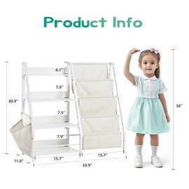 FURNinspire 4 Tier Kids Bookshelf and Toy Storage with Extra Pocket, Baby Toddler Bookshelf for Kids, Kids Bookcase, Toy Storage Organizer for Playroom, Bedroom, Nursery (White)