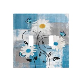 Xuejiaku Rustic Daisy Teal Blue Floral Vintage Plant Double Toggle Light Switch Covers 2 Gang Wall Plate Dual Decorative Switchplate Electrical Faceplate for Farmhouse Bathroom Bedroom Decor