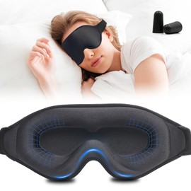 3D Sleep Mask with Earplugs, 100% Light Blackout Eye Mask for Sleep, Washable Sleeping Mask, 0 Pressure Eye Covers for Sleep with Wider Adjustable Strap, Only 1.3oz Light Soft Sleeping Mask (Black)