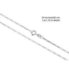 Aka Gioielli® - Diamond-coated Figaro Chain 1.7 mm 925 Sterling Silver Rhodium-Plated - Women's Men's Necklace Lengths: 40 45 50 55 60 70 cm, Sterling Silver