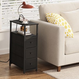 TUTOTAK Narrow End Table with Charging Station, Side Table with Plugins, Tall NightStand with 3 Fabric Drawer, Small Bedside Table with Storage, Set of 2, Living Room, Bedroom, Black TB01BK073