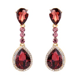 Clearine Crystal Teardrop Dangle Round Gemstone Clip-On Earrings for Women Costume Statement Wedding Bridal Jewellery Gold-Tone Red Garnet Colour