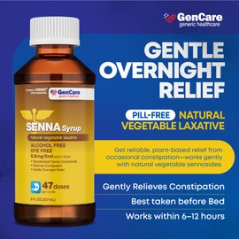 GenCare - Senna Syrup Liquid Laxative (8 Fl Oz Bottle) All Natural Vegetable Sennosides Active Ingredient | Easy to Swallow Constipation Relief for Adults and Kids 12 and Older | Best Value Size