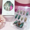 Green Feather Press on Nails 24Pcs Medium Almond Glossy Gold