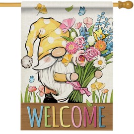 Hzppyz Welcome Spring Summer Gnome House Flag Double Sided, Rose Daisy Forget Me Not Floral Flower Decorative Garden Yard Outdoor Large Decor, Farmhouse Burlap Home Outside Decoration 28 x 40
