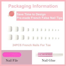 24Pcs White Press on Toenails Short Square, Full Cover False Toe Nails with Nail Glue & File, Natural Acrylic Fake Toenails for Women Girls, French Tip Nail Art DIY Home Manicure