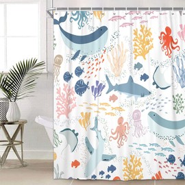 Lacoiime Shark Shower Curtain, White Boho Ocean Fish Shower Curtain Abstract Underwater Animal Cartoon Bathroom Curtain with Colorful Fabric Shower Curtains for Kids Bathtub Decor (70 X 75 inch)