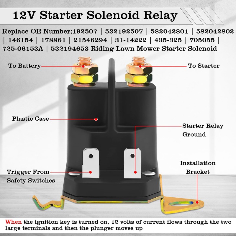 192507 Starter Solenoid Relay for Riding Lawn Mower, 12V Relay