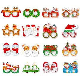 Ticuenicoa 16pcs Merry Christmas Paperboard Glasses Frames Santa Claus Christmas Trees Elk Snowman with 16 Designs Decorations Paper Party Eyeglasses for Adults Kids Xmas Party Favors Supply