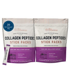 Live Conscious Collagen Peptides Powder Unflavored Packets-Hydrolyzed Collagen Powder-Hair, Skin, Nail, & Joint Support-Type I & III Grass-Fed Collagen Supplements for Women and Men - Pack of 20 (2Pk)
