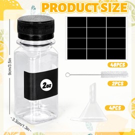 FYSUIMU 48 Pcs 2oz Empty Plastic Mini Juice Bottles with Caps Reusable Clear Shot Bottle Containers with Black Lids Funnels for Ginger Water Milk Drink Beverages