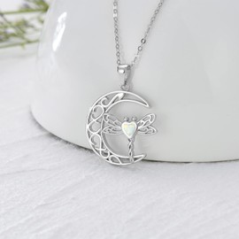Twoowl Moon Dragonfly Necklace 925 Sterling Silver White Opal Dragonfly Pendants Necklace Animal Moon Jewelry Gifts for Women