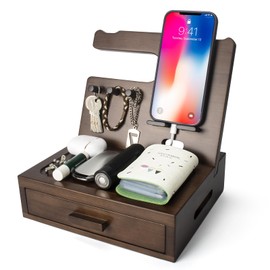 SolaJoy Solid Wood Nightstand Organizer, Docking Station, Gifts for Men, Made of Cedar, Versatile Bedside Table Organizer for Cellphone, Watch, Headphone, Keys, Dark Walnut