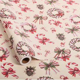 Vnaaem Christmas Bow Wrapping Paper Roll - Retro Christmas Garland & Bow, Candy Cane Design Brown Gift Wrap for Holiday Party Celebration Winter DIY Craft - 17 In X 20 Ft(Total 28.5sq.ft)