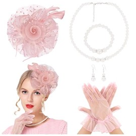 CIEHER 5 Pack Fascinators Hats for Women Tea Party, Kentucky Women Derby Hat Lace Gloves Big Pearl Jewelry Set - Pink(Style 3)
