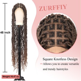 Zurffiy 48" Knotless Braided Wigs for Women Faux Locs Wig Full Double Lace Front Braided Wigs with Baby Hair Human Hair Blended Braided Lace Front Wigs Braid Wig Mix Brown and Light Brown