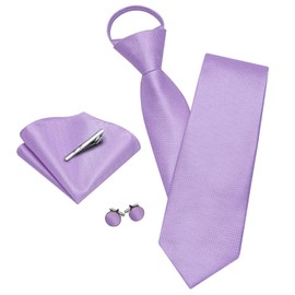 YOHOWA Lavender Zipper Ties for Men Solid Pre-Tied Tie with Tie Clip Extra Long Adjustable Necktie Pocket Square Cufflinks Set