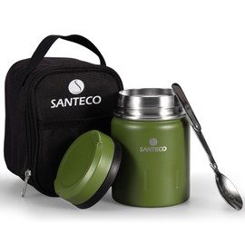 SANTECO Vacuum Insulated Soup Jar, 16.9 fl oz (500 ml), Wide Mouth, Insulated Lunch Jar, Bento Box, Spoon Included, Dedicated Bag, Stylish, Unisex, Picnic, Club Activities, Green