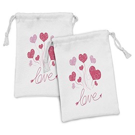 Ambesonne Love Fabric Pouch Set of 2, Love Heart Shaped Balloons Party Entertainment Happiness Theme Retro Print, Small Drawstring Bag for Toiletries Masks and Favors, 9" x 6", Magenta Rose White
