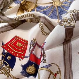 100% Silk Scarf for Women, 35 x 35 inches (89 x 89 cm), Made in Korea (Blue/Cream Carriages)