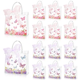 Hosuly 24 Pcs Butterfly Flower Gift Bags with Ribbon Roll Clear PVC Spring Butterfly Treat Bags with Handles Reusable Pink and Purple Pouches for Wedding Spring Birthday Party Baby Shower