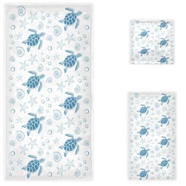 Naanle Ocean Sea Turtle Starfish Shells Soft Luxury Set of 3 Towels, 1 Bath Towel+1 Hand Towel+1 Washcloth, Multipurpose for Bathroom, Hotel, Gym, Spa and Beach(Blue White)
