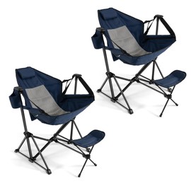 GYMAX Hammock Camping Chair, Folding Camp Chair with Detachable Footrest, Adjustable Backrest, Pillow, Cup Holder & Carry Bag, Portable Rocking Camping Chairs for Beach Lawn Fishing (2, Navy)