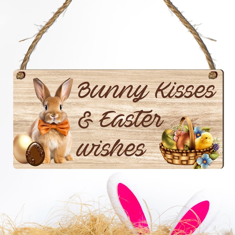 Bunny Kisses & Easter Wishes Wooden Plaque - Handcrafted Easter