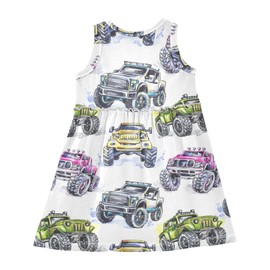Aflyko Spring Dress for Girl Monster Truck Watercolor Kiddo Tank Play Sundress Costume Dress Summertime Comfy Skirt for Church Dinner Event Wedding 5-6T