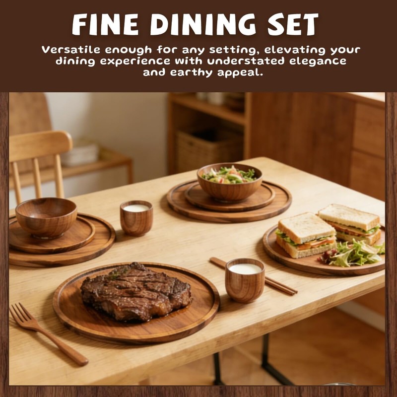 Wood Dinnerware Set,8 Inch 10 Inch Round Plates,Bowls and Cups,16
