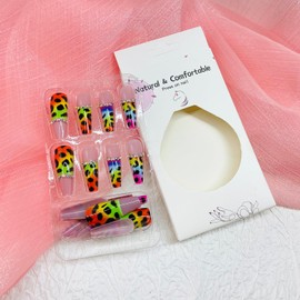 Long Coffin Press on Nails Ballerina Fake Nails with Designs Rainbow Leopard Stick on Nails Colorful French False Nails Rhinestone Acrylic Nails Glossy Artificial Nails Glue on Nails for Women