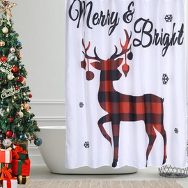 RLoncomix Red Buffalo Plaid Reindeer Shower Curtains Xmas Checker Farmhouse Standard Bath Curtain Waterproof Fabric Christmas Holiday Home Bathroom Decor Curtain with Hooks, 72 x 72 Inches