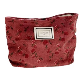 BIVIZKU Travel Checkered Makeup Bag, Corduroy Cosmetic Bag for Purse, Small Cosmetic Zipper Pouch Cute Travel Checkered Makeup Bag Gift for Women,Girls (red flower)