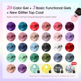 ROSALIND 30PCS Gel Nail Polish Set, 26 Classic Colors Gel Polish kit with Base Coat Glossy Matte and Glitter Top Coat Gel Nails Set All Seasons Collection Gift for Women