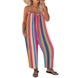 RITERA Jumpsuits For Women Plus Size Wide Leg Overalls Wide Leg Romper For Women Spaghetti Strap Outfit Summer Loose Fit Baggy Pocket Rainbow Striped Rompers 5Xl 28W