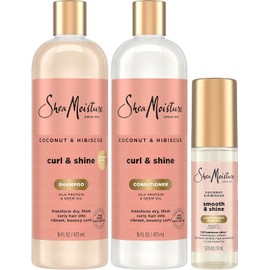 SheaMoisture Champú Y Acondicionador Coconut & Hibiscus Curl & Shine, Tamaño Familiar + Aceite Smooth & Shine Para Rizos Definidos, Cabello Brillante Y Control Del Frizz