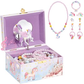 ProCase Unicorn Jewelry Box for Girls, Kids Musical Jewelry Boxes with Spinning Unicorn Doll, Birthday Gifts for Little Girls Children Toddler Ages 3 4 5 6 7 8 -Pink (Box with Jewelry)