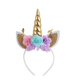 Nishine Unicorn Headband Flower Cat Ear Unicorn Horn Headband Perfect for Party Supplies Fantasy Favor (Gold)