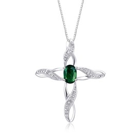 RYLOS Necklaces for Women Sterling Silver Cross Necklace with Gemstone & Genuine Diamonds Pendant with 18" Chain 7X5MM Green Sapphire September Birthstone Womens Jewelry Silver Necklace For Women