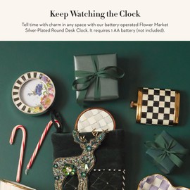 MACKENZIE-CHILDS Silver-Plated Round Desk Clock, Decorative Clock for Living Room, Kitchen, or Office, Courtly Stripe with Flower Market