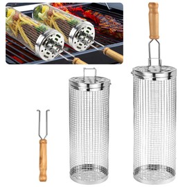 DTYGUIXE Set of 2 Rolling Grill Baskets, Stainless Steel, Nesting Rolling Grill Basket, 32.5 x 11.5 cm, Rolling Grilling Basket with Wooden Handle, Cylindrical Grill Basket for Dinner, Picnic,