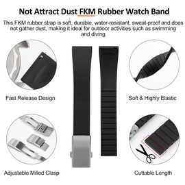 watchdives FKM Rubber Watch Strap, Cut to Size Fast Release Watch Band Soft Replacement Watchband with Milled Clasp for Men Women 18mm 19mm 20mm 21mm 22mm (Black, 18mm)