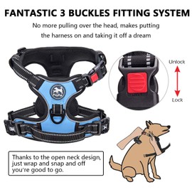 PoyPet No Pull Dog Harness, No Choke Dog Reflective Harness, Adjustable Soft Padded Pet Vest with Easy Control Handle 3 Snap Buckles (Light Blue,XS)