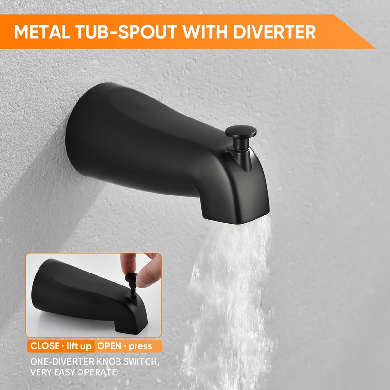 Black Tub Shower Faucet Set Complete with 6-Inch Rainfall Shower