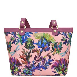 Anuschka Zip Top City Tote-Wanderlust Collection-Nylon Fabric with Leather Trim and Artwork Print, Dragonfly Garden