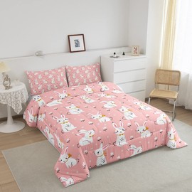 Feelyou Cute Rabbit Bedding Set Cartoon Bunny Pink Decor Comforter Set for Kids Boys Girls Lovely Little Floral Rabbit Comforter Botanical Animal Quilt Set Room Decor 2Pcs Twin Size